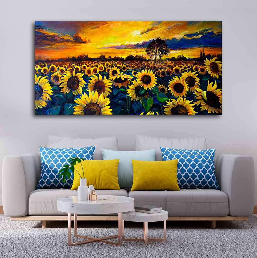 VIBECRAFTS Canvas Paintings for Living Room Drawing Room Beautiful Wall Painting of Sunflower Garden in Sunset View Fitted with Wooden Frame for Home|Office|Gift(PTVCH_2289)