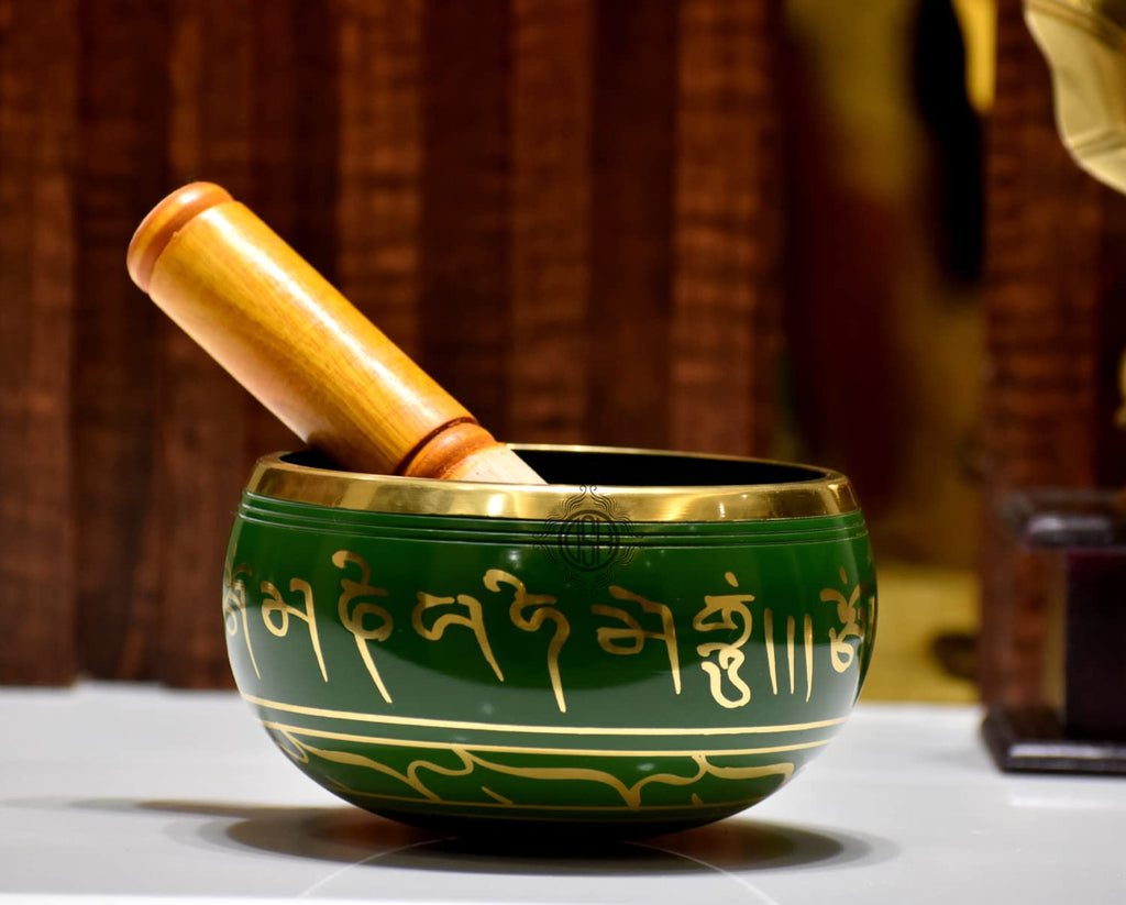 DSH Tibetan Singing Bowl Handcrafted Meditation Sound Bowl Easy To Play Vibration Therapy Praying Bowl (Green-5.5 inch)