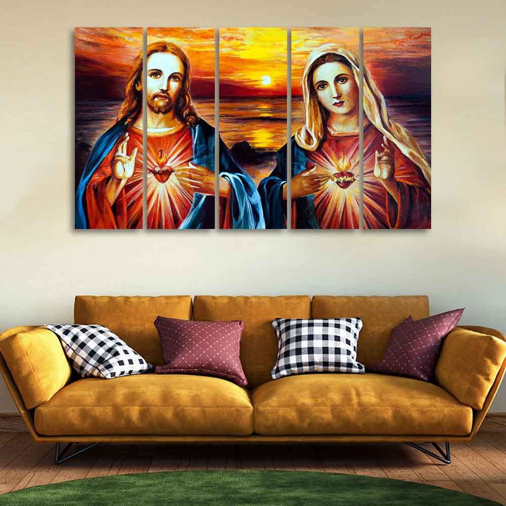 VIBECRAFTS Jesus Christ and Mary Canvas Wall Painting of Five Pieces For Home|Office|Living Room|Gift (PTVC5Pcs4_8670)
