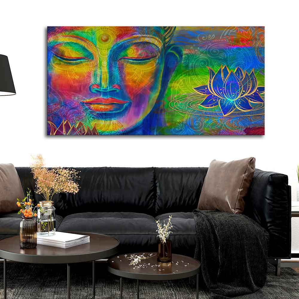 VIBECRAFTS Canvas Paintings for Living Room Drawing Room Colorful Head Of Buddha Canvas Wall Painting Fitted With Wooden Frame For Home | Office | Living Room | Gifts (PTVCH_2563)