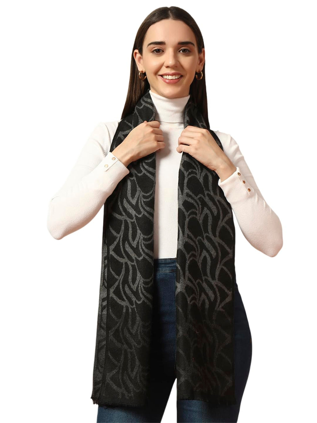 Ravaiyaa - Attitude is everything Women Woolen Ikat Design Casual Warm Winter Wear Muffler Scarf Stole 72x14 Inch (Black Abstract)