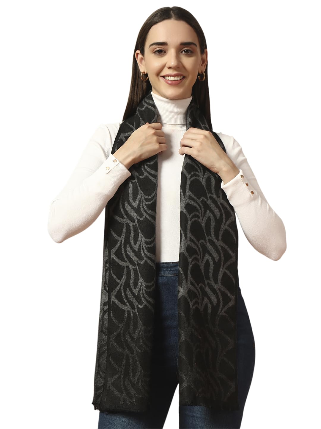 Ravaiyaa - Attitude is everything Women Woolen Ikat Design Casual Warm Winter Wear Muffler Scarf Stole 72x14 Inch (Black Abstract)