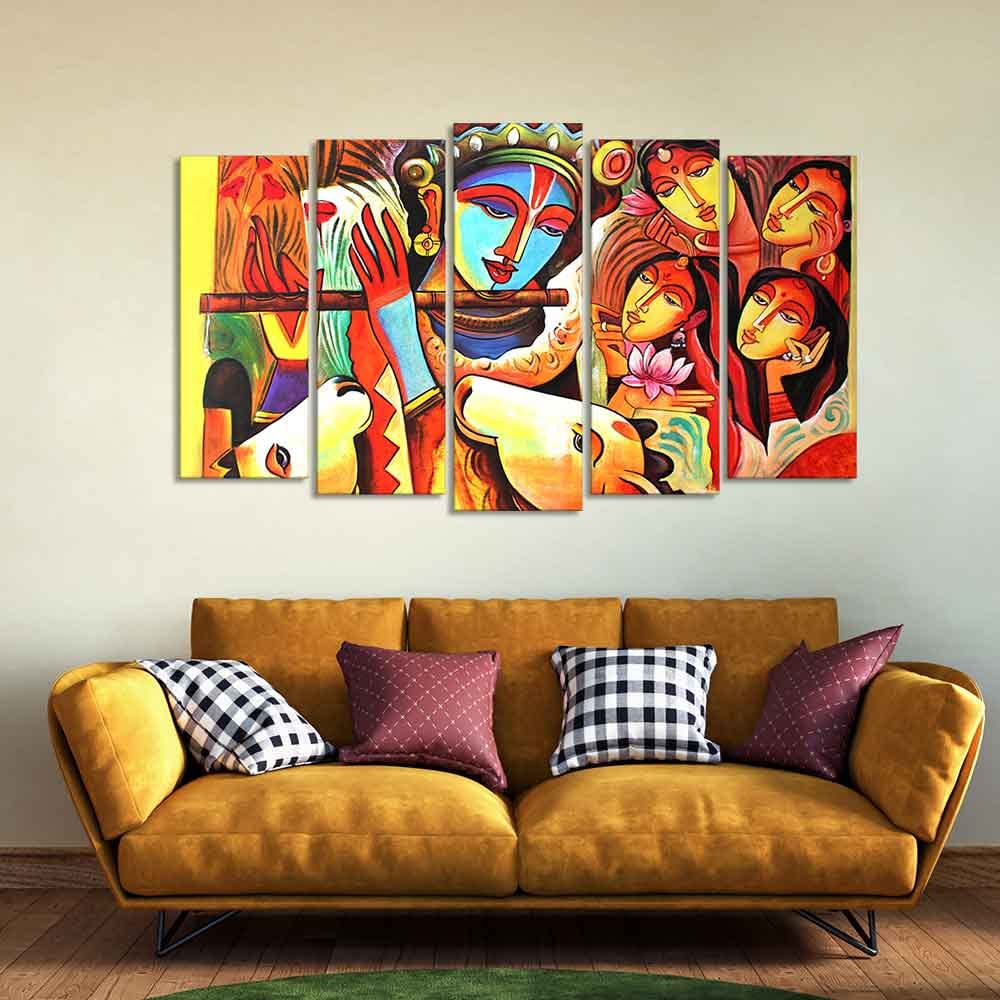 VIBECRAFTS Radha Krishna Beautiful Wall Painting Set of Five Pieces For Home|Office|Living Room|Gift (PTVC5Pcs2_6575)
