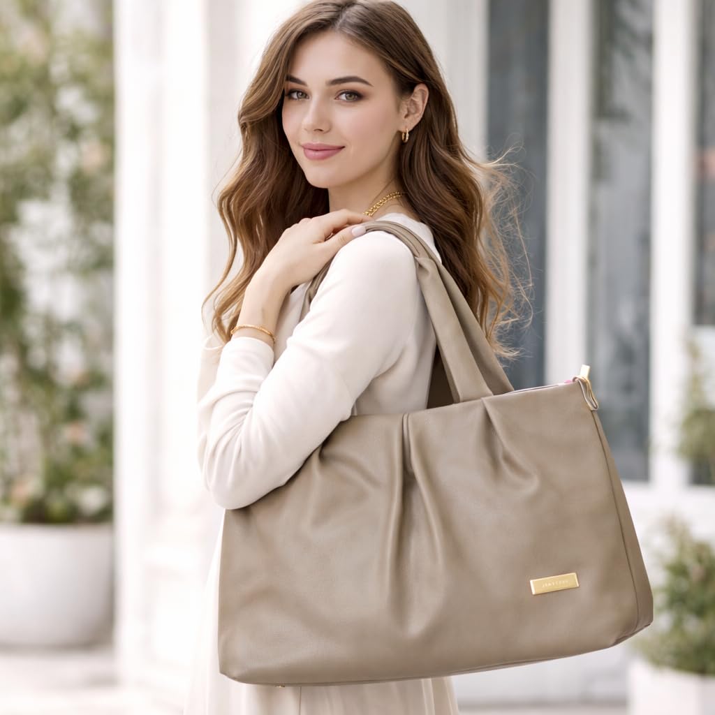 Elegant Green Faux Leather Shoulder Tote Bag for Women | Spacious Handbag with Dual Handles & Gold Accent | Everyday Office, Travel & Casual Use (Gray)