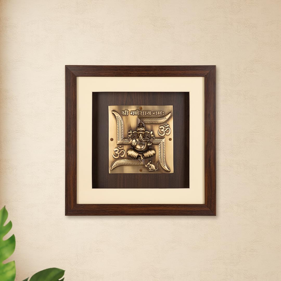 Shilpkala Brass Swastik Ganesh Wall Art (34 x 34 cm) - Pure Brass Artwork Wall Hanging for Home Decor, Living Room, Pooja Room & Office, Premium Gift for Festivals & Housewarming, Square Frame (Brown)