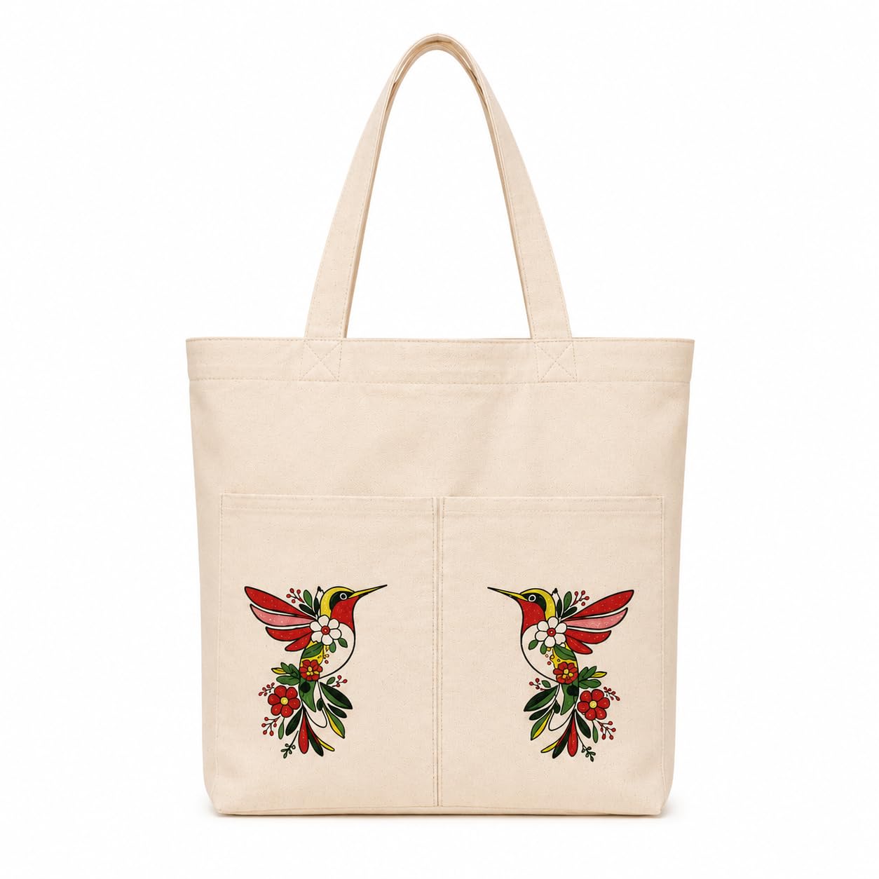 Suryatra Enchanted Hummingbird Canvas Tote Bag for Women & Men | Premium Cotton Canvas Shoulder Bag with Dual Front Pockets | Tote Bag for Office, College, Shopping & Travel | 14 x 16 Inches