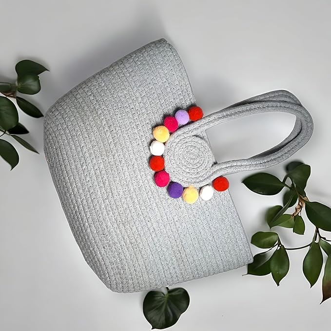 BEAUTIFUL HOMMIES Attractive Hand Bag |large Tote Bag |Summer Bag | Bucket Bag | Basket Bag | Bamboo Tote | Beach Bags for Women|Boho Bag|Handbag |Jute Bag |Handmade Bag (GREY POM POM)
