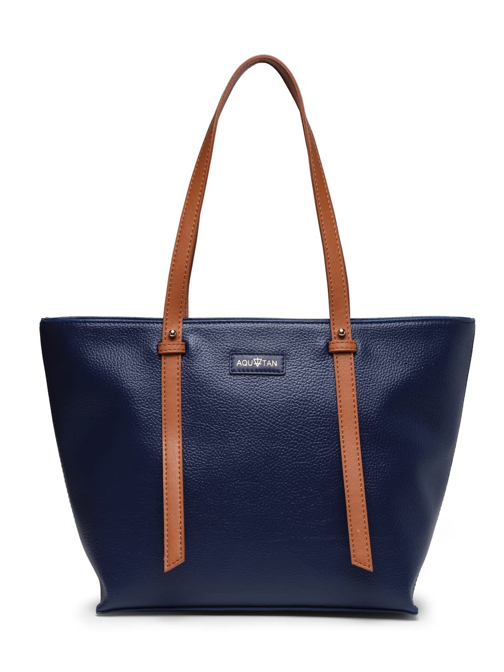 Aquatan Women's Vegan Leather Tote Bag with Tan Handle Navy
