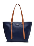 Aquatan Women's Vegan Leather Tote Bag with Tan Handle Navy