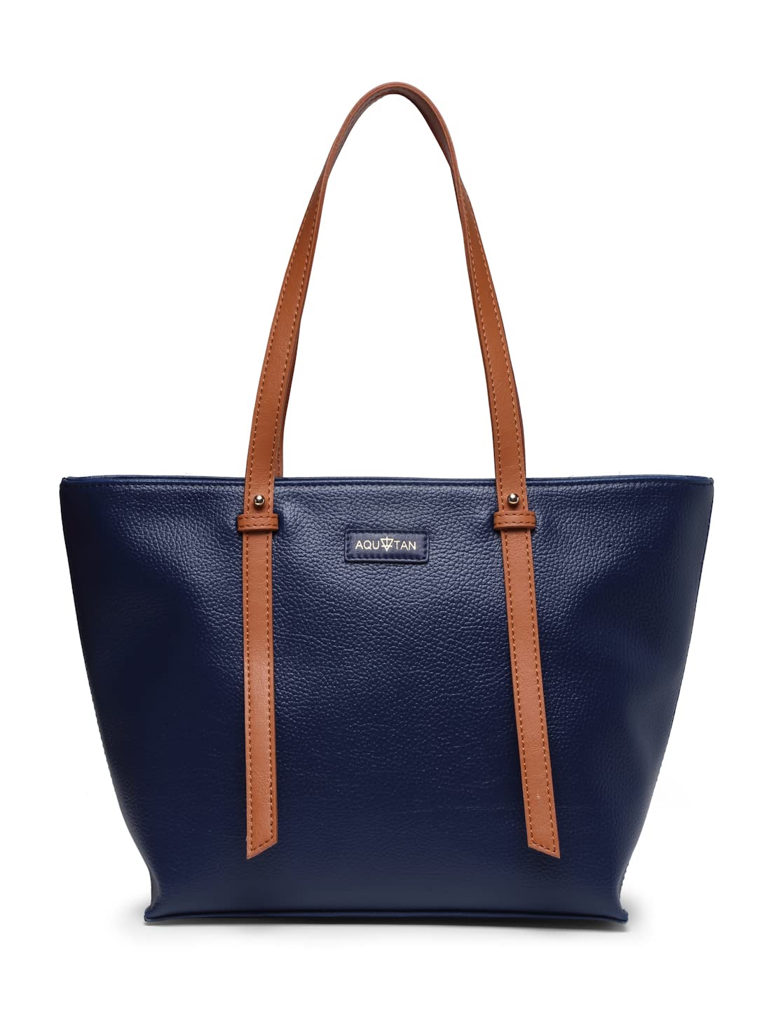 Aquatan Women's Vegan Leather Tote Bag with Tan Handle Navy