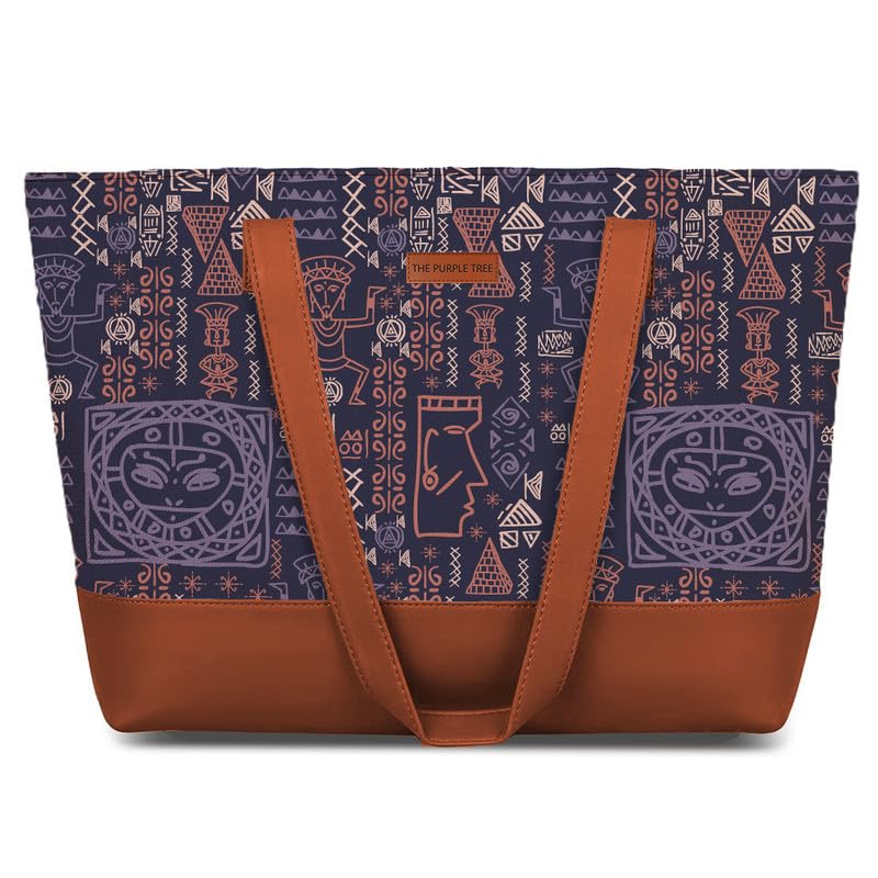 The Purple Tree Women Handcrafted Tote with Vegan Leather Handles, Tribal Print Shoulder Bag for Office and College, Oversized Contemporary, Blue