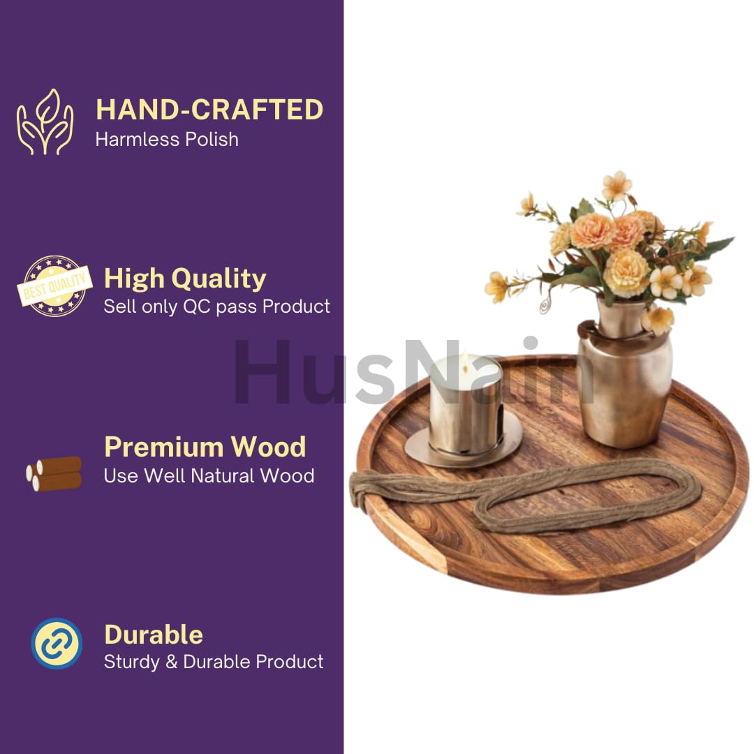 HusNain Wooden Handmade Round Serving Tray for Home Decoration- Wood Tray for Kitchen Dining Room Table - Platter for Office- Candle Tray for Coffee Table, Coffee or Breakfast (Standard)