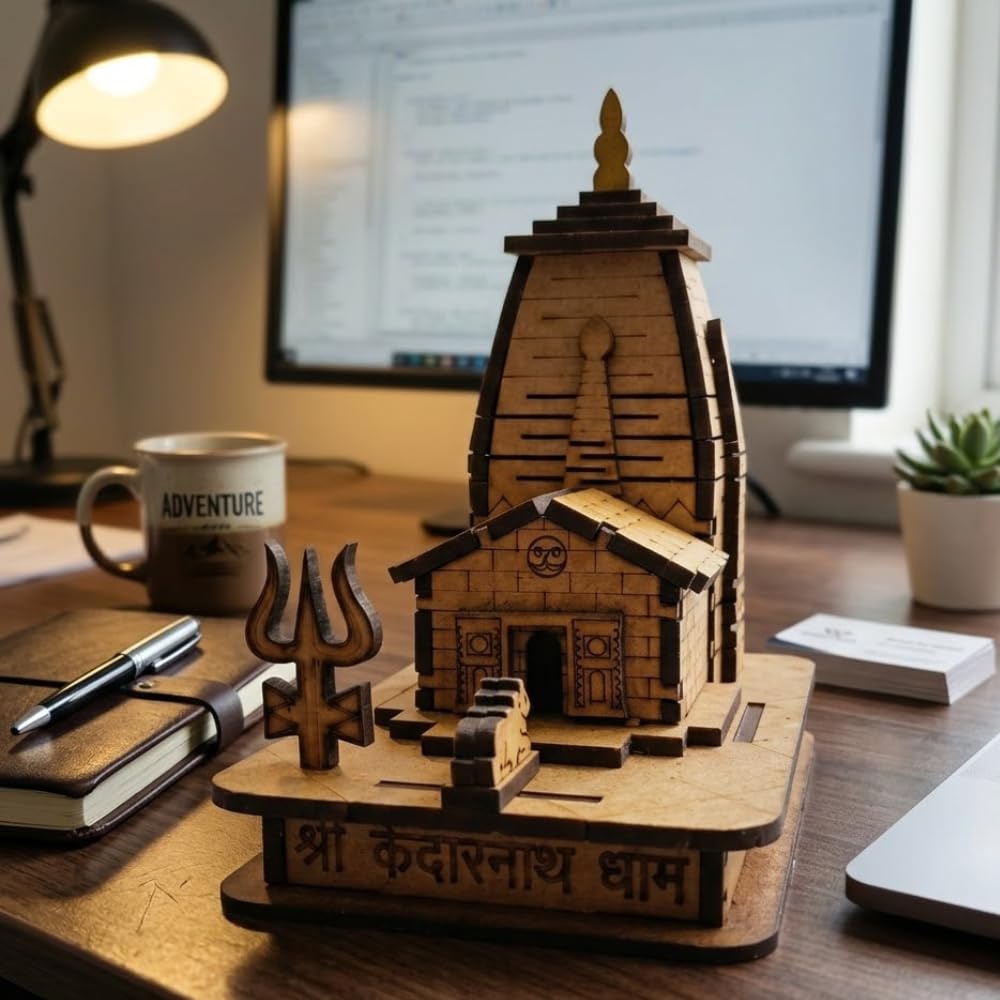 Handcrafted Wooden Kedarnath Temple Model with Trishul – Miniature Lord Shiva Temple Showpiece for Home Décor, Pooja Room, Office Desk, Spiritual Gift & Souvenir Item (11.43 x 7.62 x 11.43 cm)