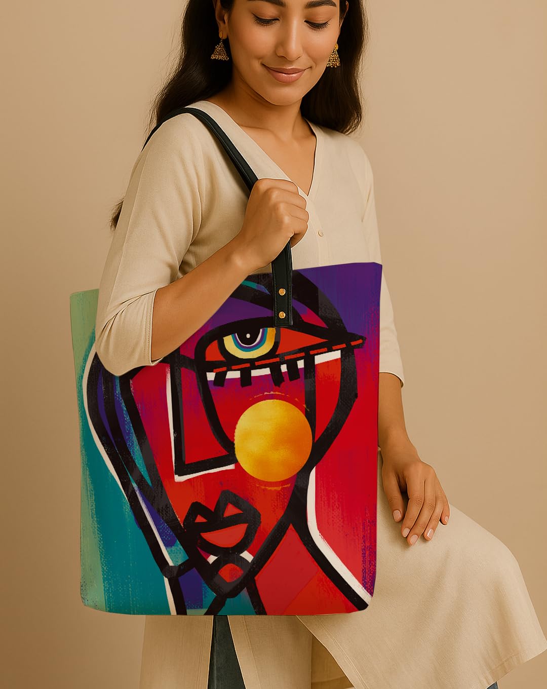 Kalankit Classic Tote Bag For Women | Canvas Printed Totes For Women | Aesthetic Shoulder College Bag For Girls | Vegan Leather Lightweight Everyday Handbag | Gift for Woman | Eye on Sun