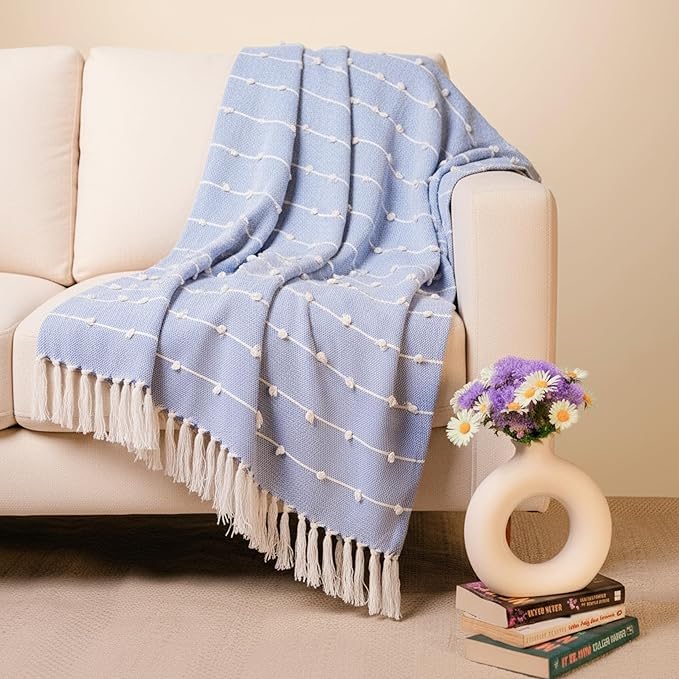 Tarantaran Home Hand-Knitted Cotton Sofa Throw | All-Season Throw Blanket for Sofa, Bed, Couch, Chair & Travel | 80×52 Inches (204×132 cm)(Blue) Kafalo