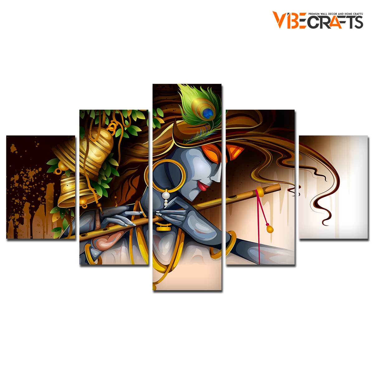 VIBECRAFTS Shree Krishna Playing Bansuri 5 Pieces Premium Wall Painting For Home|Office|Living Room|Gift (PTVC5Pcs1_5506)