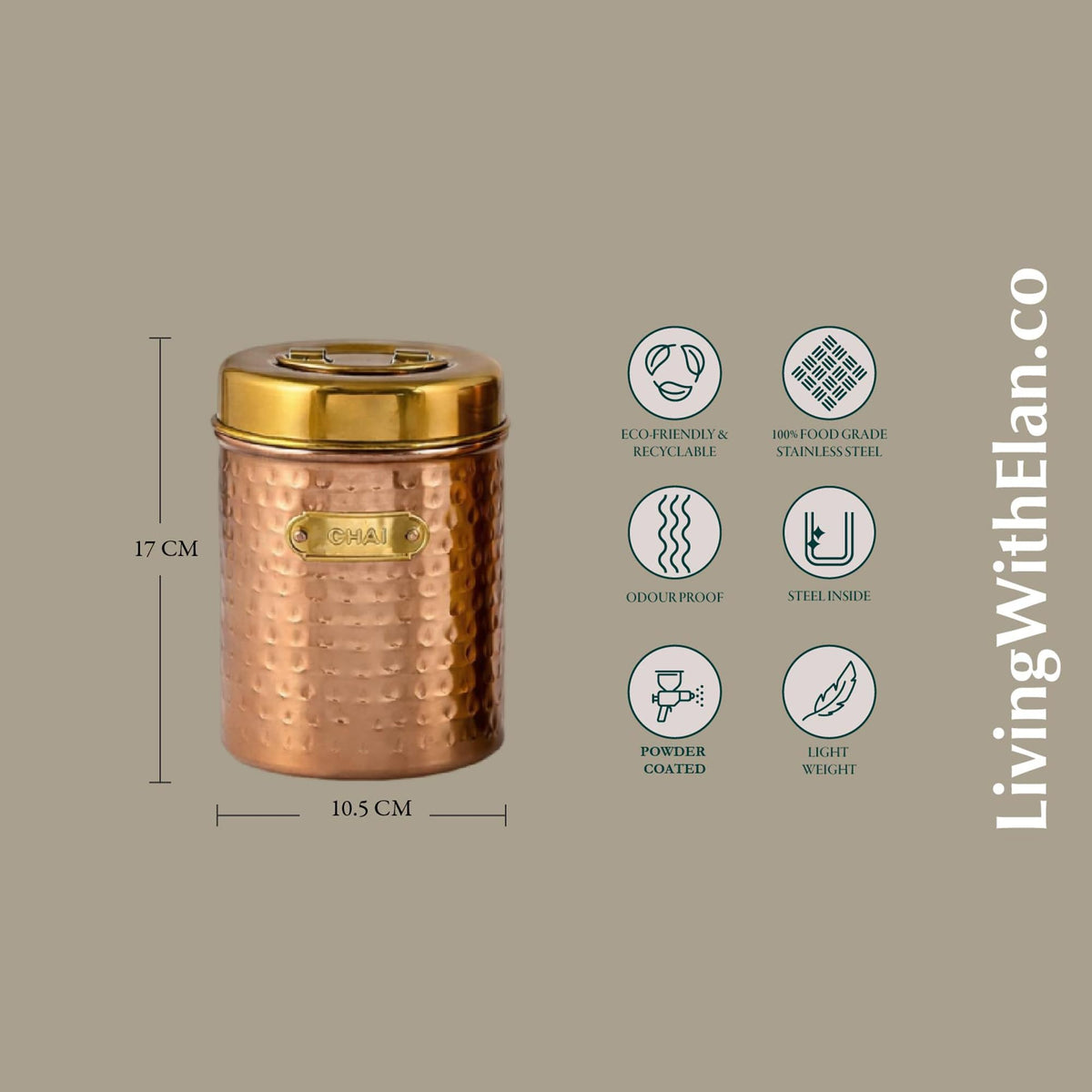 Elan Dabbahs and Days Stainless Steel Round Chai & Cheeni Canister Jar for Tea Sugar Coffee and Snacks Stylish Food Safe Storage Jar For Grocery (800 ml each, Set of 2, Copper and Antique Gold Finish)