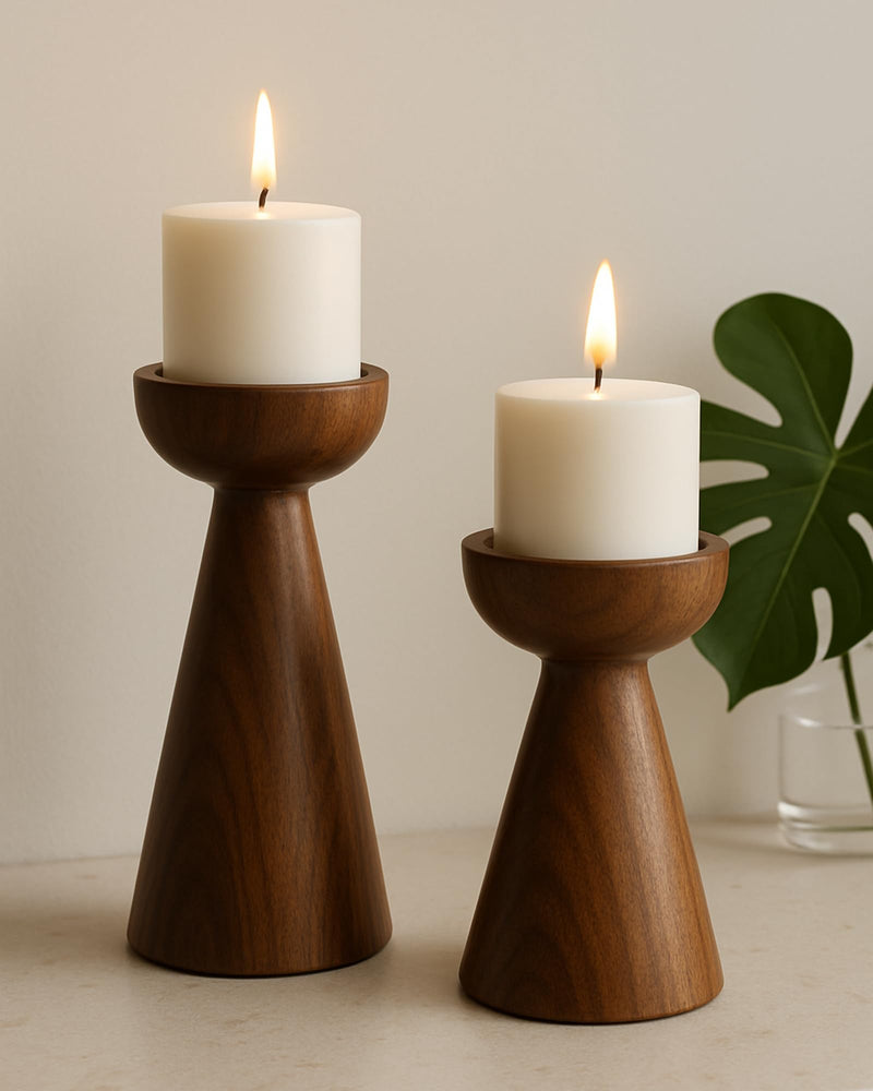 Homesake® Wooden Pillar Candle Stand, Candle Stand for Home Décor, Hand Crafted Wood Candle Holders for Living Room, Table Centerpiece, Vintage, Farmhouse, Hallway Decor Polish (Walnut Cone Set 2)