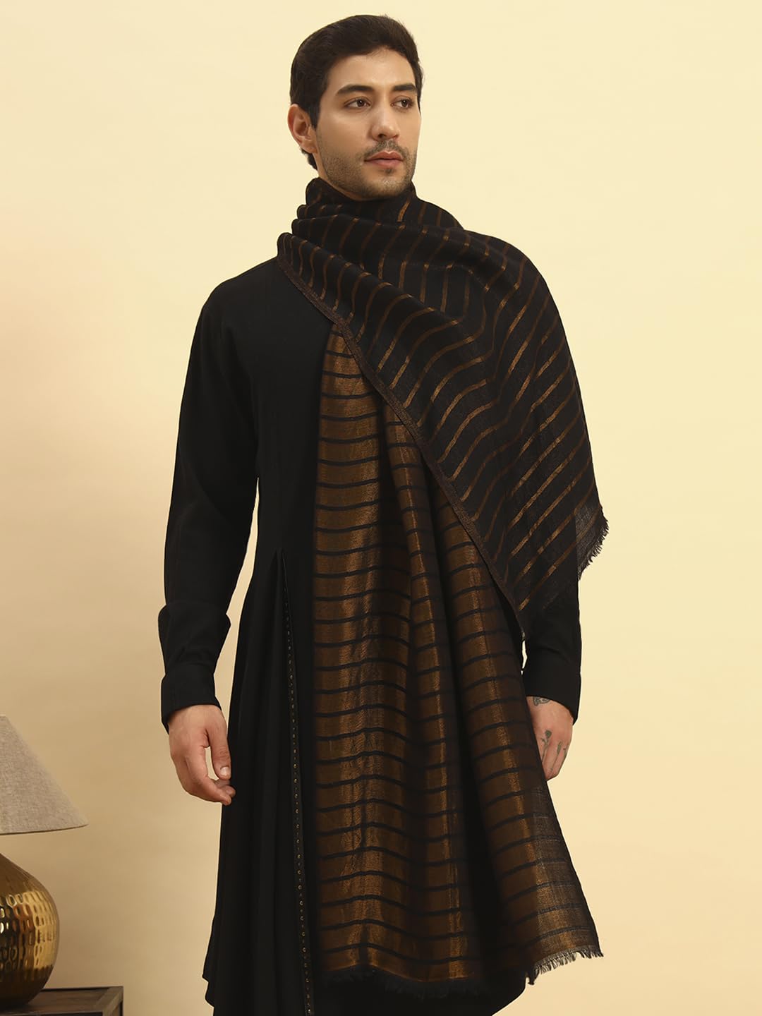 Pashmoda Men Golden Mirage Reversible Zari Moonlight Fine Wool Stole (Size-28x80in, 71x203cm) MZSST05