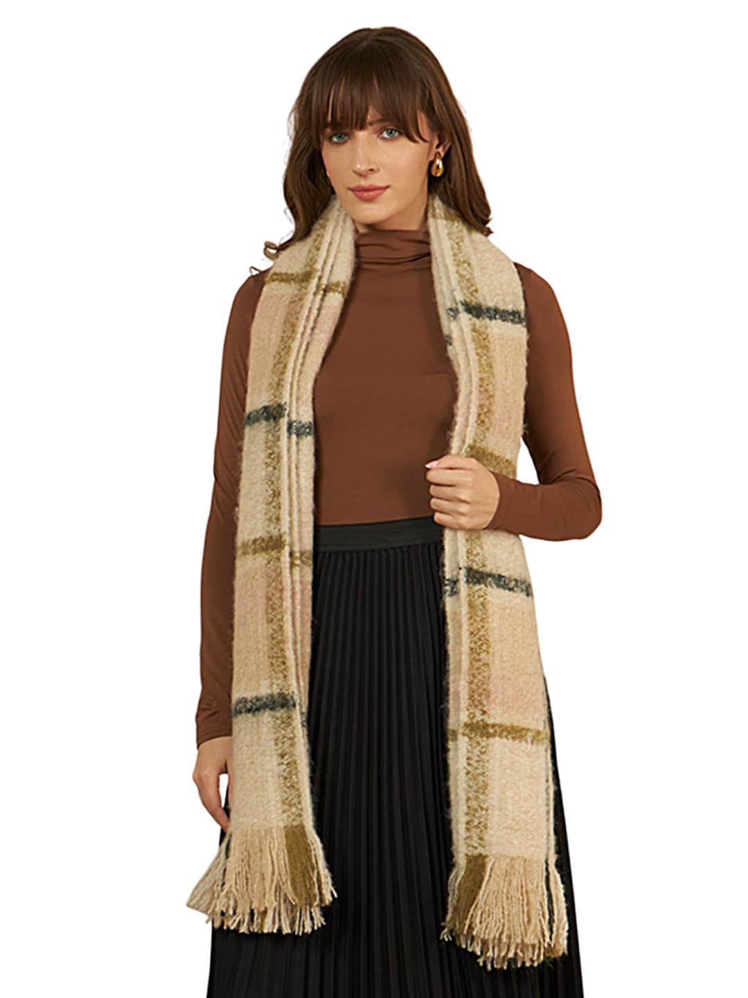 Ravaiyaa - Attitude is everything Women Reversible Acrylic Wool Scarf Winter Wear Muffler Designer Scarves 72x14 Inch (Beige Checks)