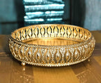 Premium Round Metal Decorative Tray with Intricate Lattice Cutwork – 8-inch Gold Finish Vanity Organizer for Home Décor, Coffee Table & Gifting – Elegant Mirrored Base Pedestal Tray