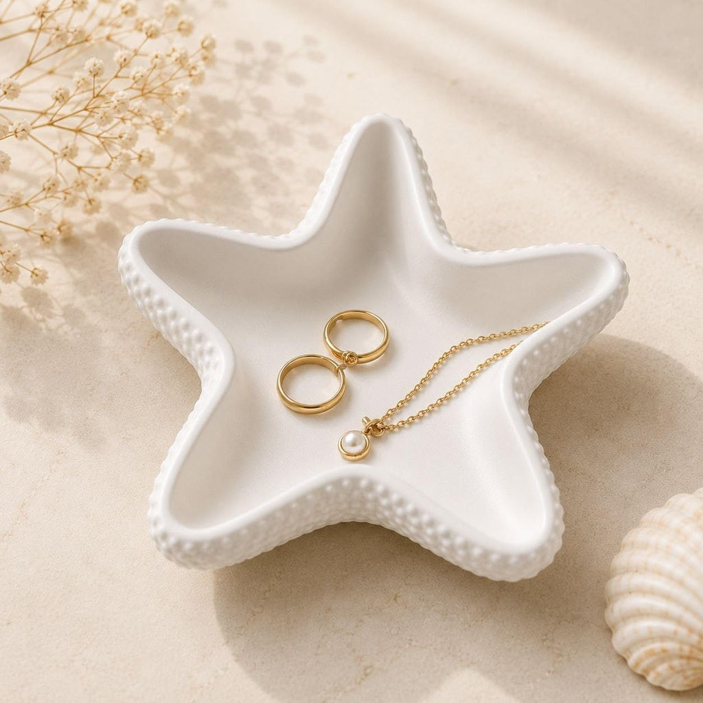 SANGU BRAND Starfish Trinket Tray for Jewellery, Decorative Catchall Dish, Ring Holder, Vanity Organizer, Makeup Display, Bathroom Counter & Home Décor, White | Pack of 1