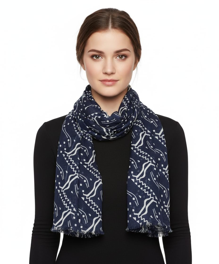 Fabtone Women’s Scarf/Stole | Blue White Uttan Zigzag Print | Soft Lightweight Fabric | 70x180 cm | All-Season Wrap | Dust & Sun Protection | Fashion Scarf for Women