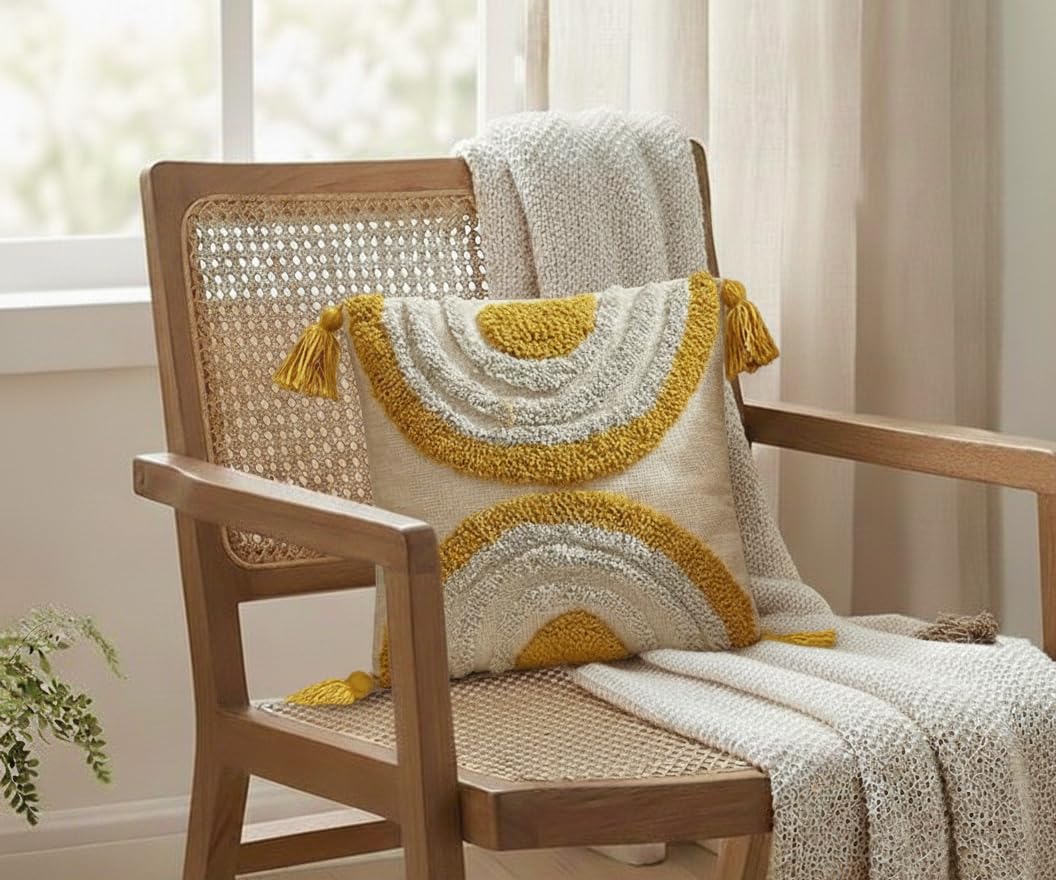 Furnistitchs Handmade Tufted Boho Cushion Covers 12x12 Inches | Embroidered Sofa Pillow Cases | Rustic Bohemian Decorative Throw Cushions for Couch Bedroom Living Room (5, Yellow Oval)