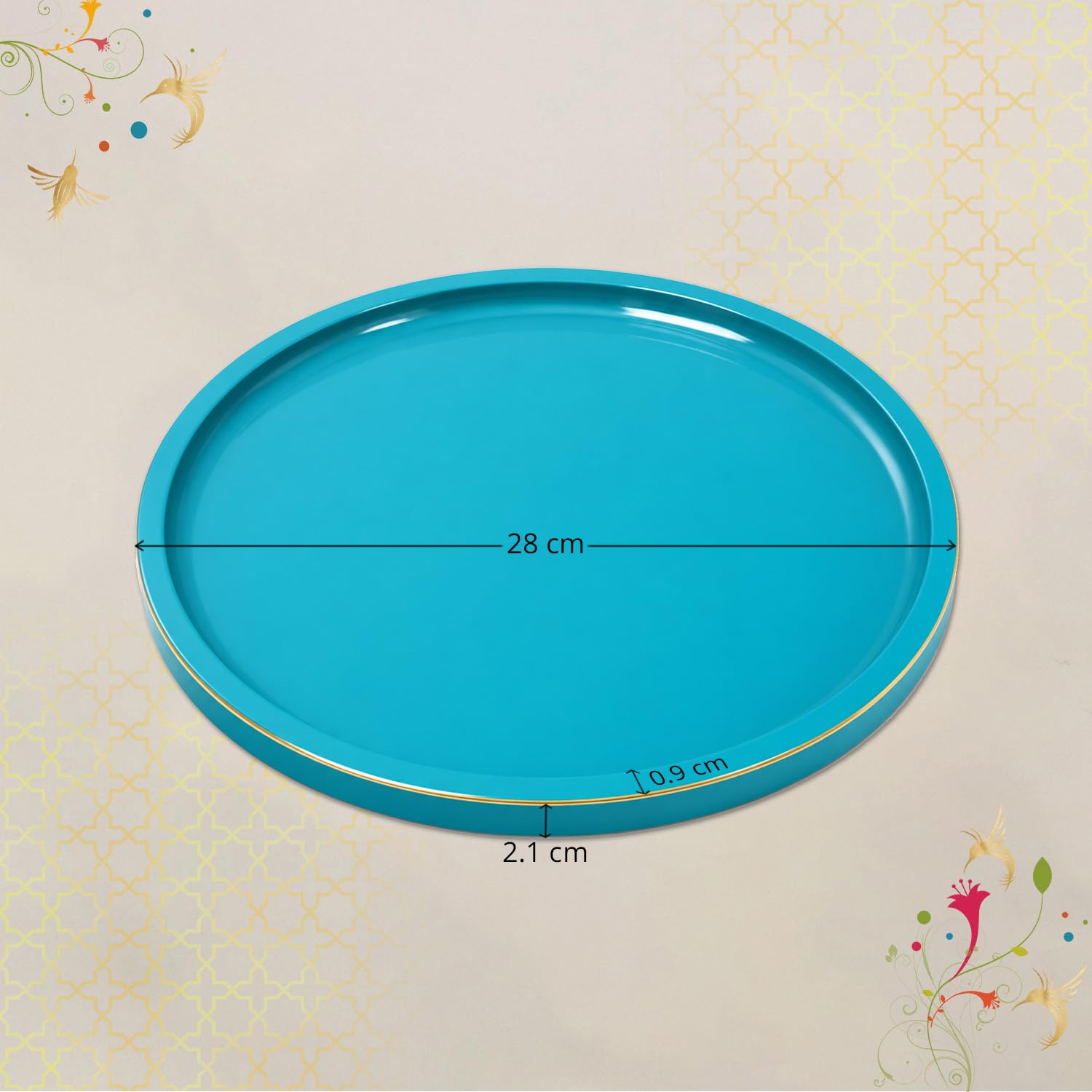 CRAFTSLANE Round Decorative Tray 11 x 11 inch High Gloss with Gold Trim | Wooden Serving & Counter Tray for Keys & Home Decor (Turquoise Blue)