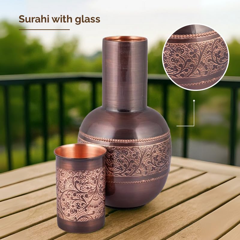 Vip luxe Surahi Vintage Copper Water Jug – 1.5L | Handcrafted Heavy-Gauge Pure Copper Ayurvedic Pitcher |Wellness Drinkware