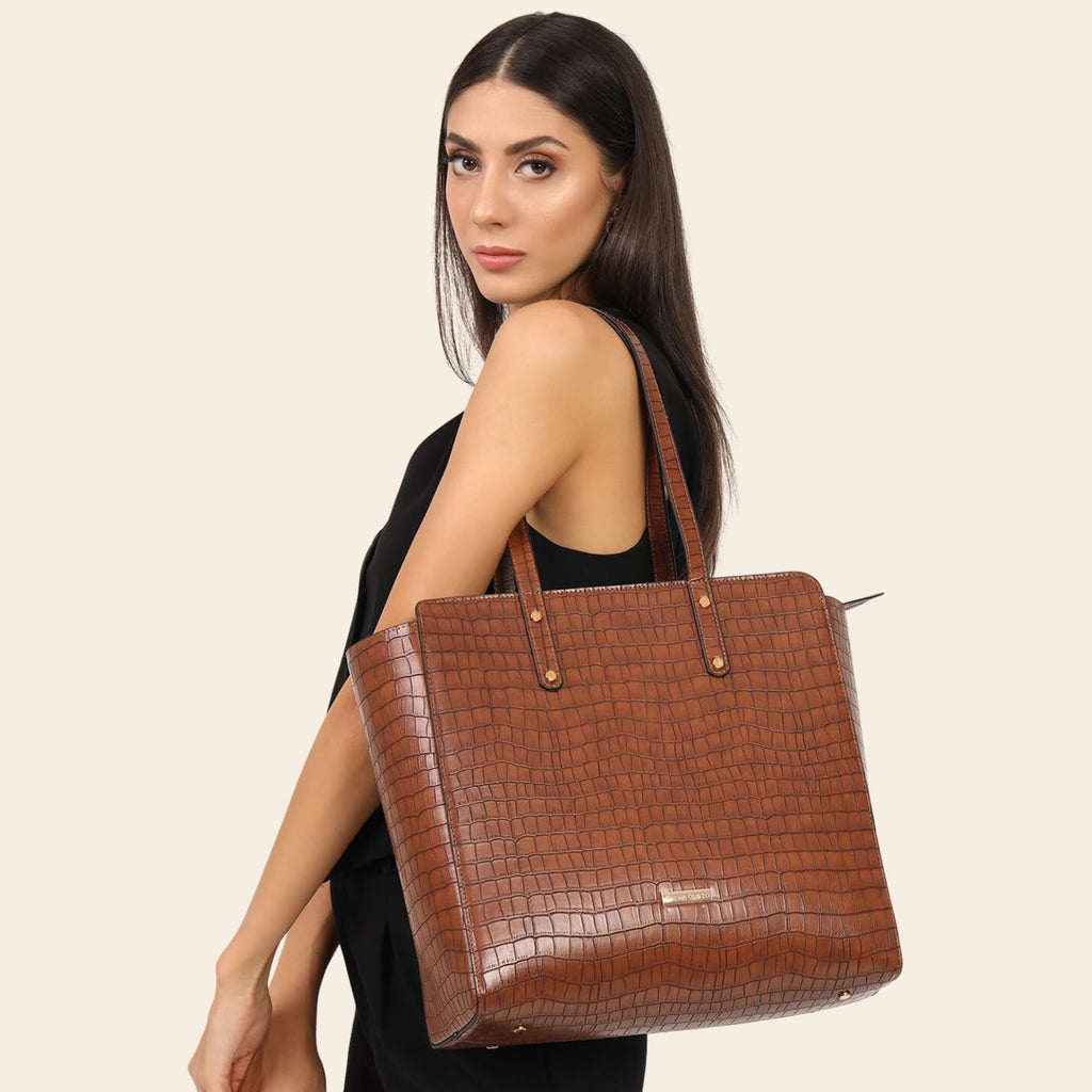 The Gusto Beyond+ Croco - Premium Vegan Leather Tote Bag for Women, Big Size | Stylish Handbag for women with Zip Closure | Fit for Office Bag, College, Travel Use | Handcrafted in India (Tan)