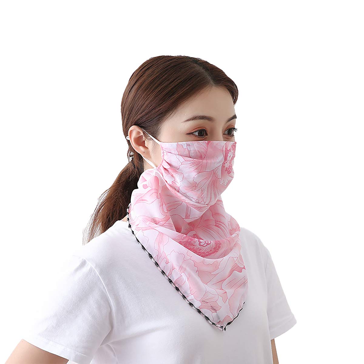 Youstylo Face Mask Scarf for Women Sun Protection Outdoor Riding Protective Chiffon Floral Print Lightweight Scarves Masks (1105A, Pink-Floral)