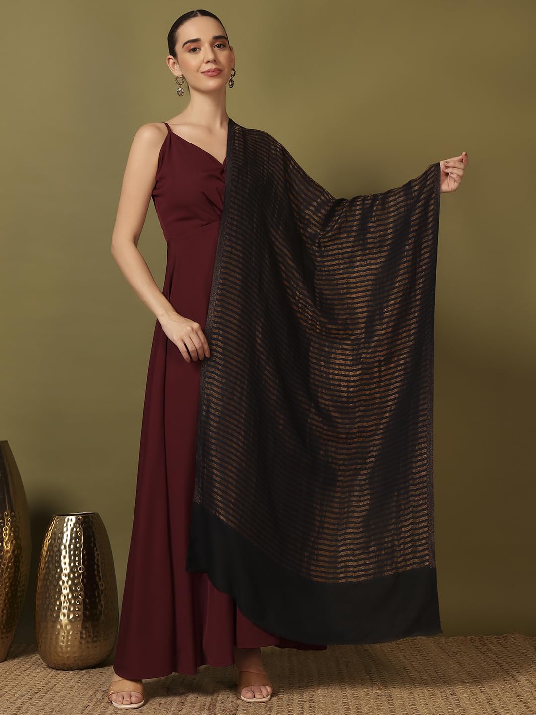 Pashmoda Women Golden Eclipse Reversible Zari Moonlight Fine Wool Stole (Size : 28x80in, 71X203cm) ZSST03