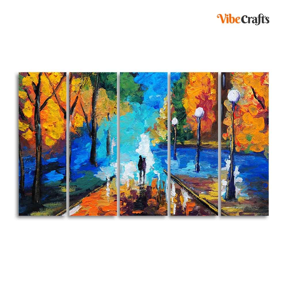 VIBECRAFTS Couple Walking in City Park Canvas Wall Painting of 5 Pieces For Home|Office|Living Room|Gift (PTVC5Pcs4_8612)