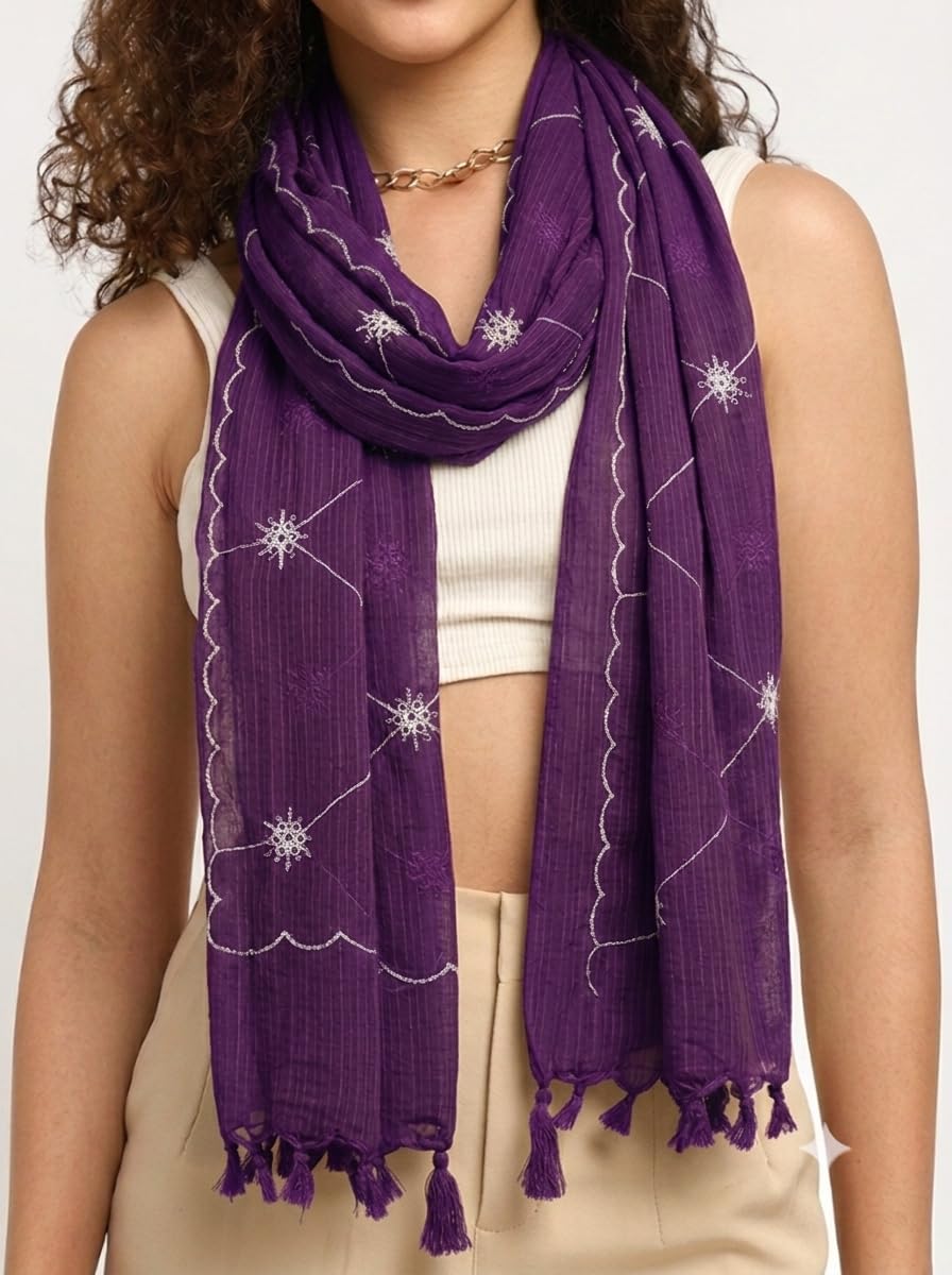 Pure Cotton Scarf for Women, Purple, Embroidered Design flower Motifs, Lightweight Summer Wrap
