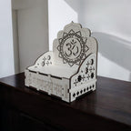 QUEENS CANVAS Wooden Om Symbol Dashboard Temple, Car Mandir Showpiece with Sanskrit Text, White MDF
