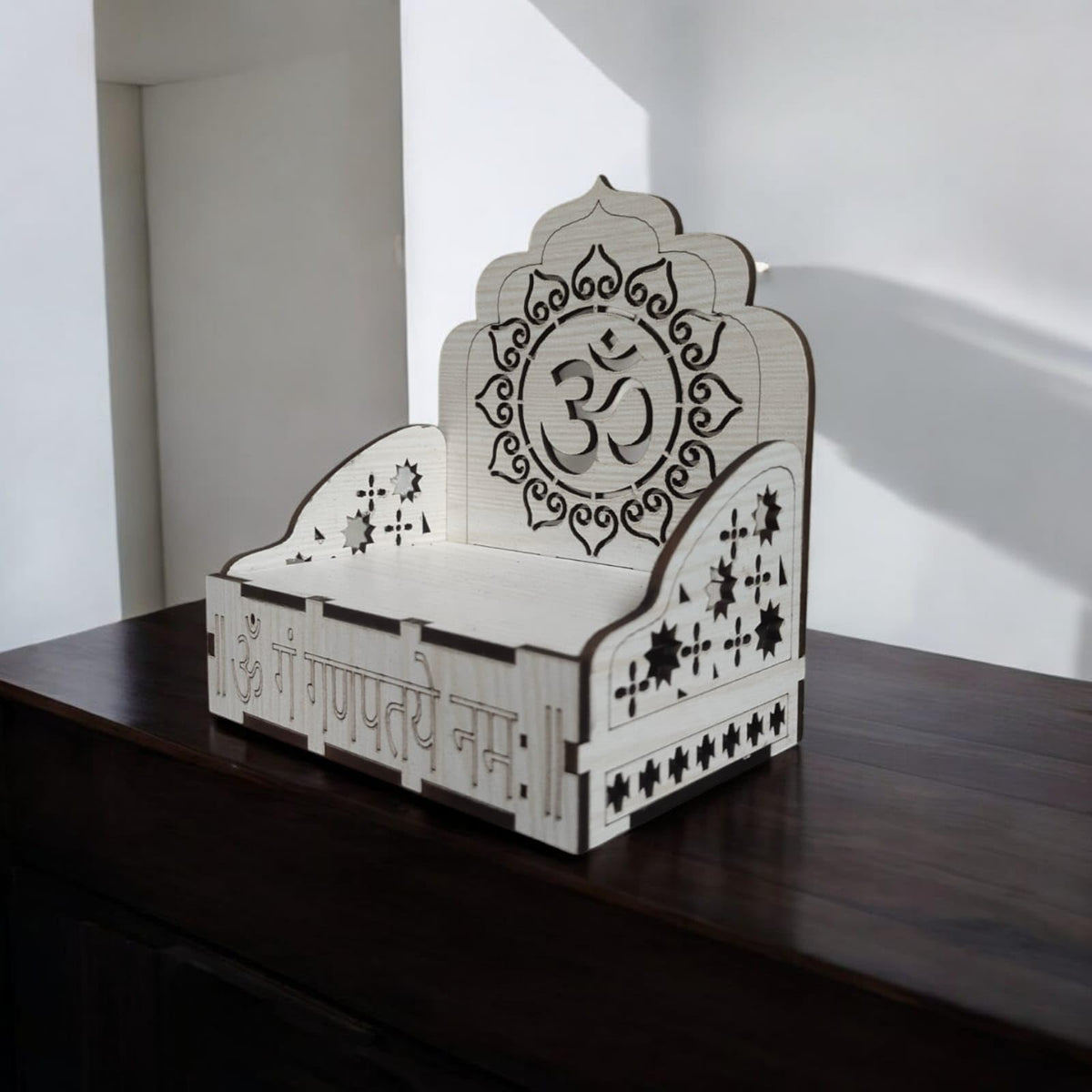 QUEENS CANVAS Wooden Om Symbol Dashboard Temple, Car Mandir Showpiece with Sanskrit Text, White MDF