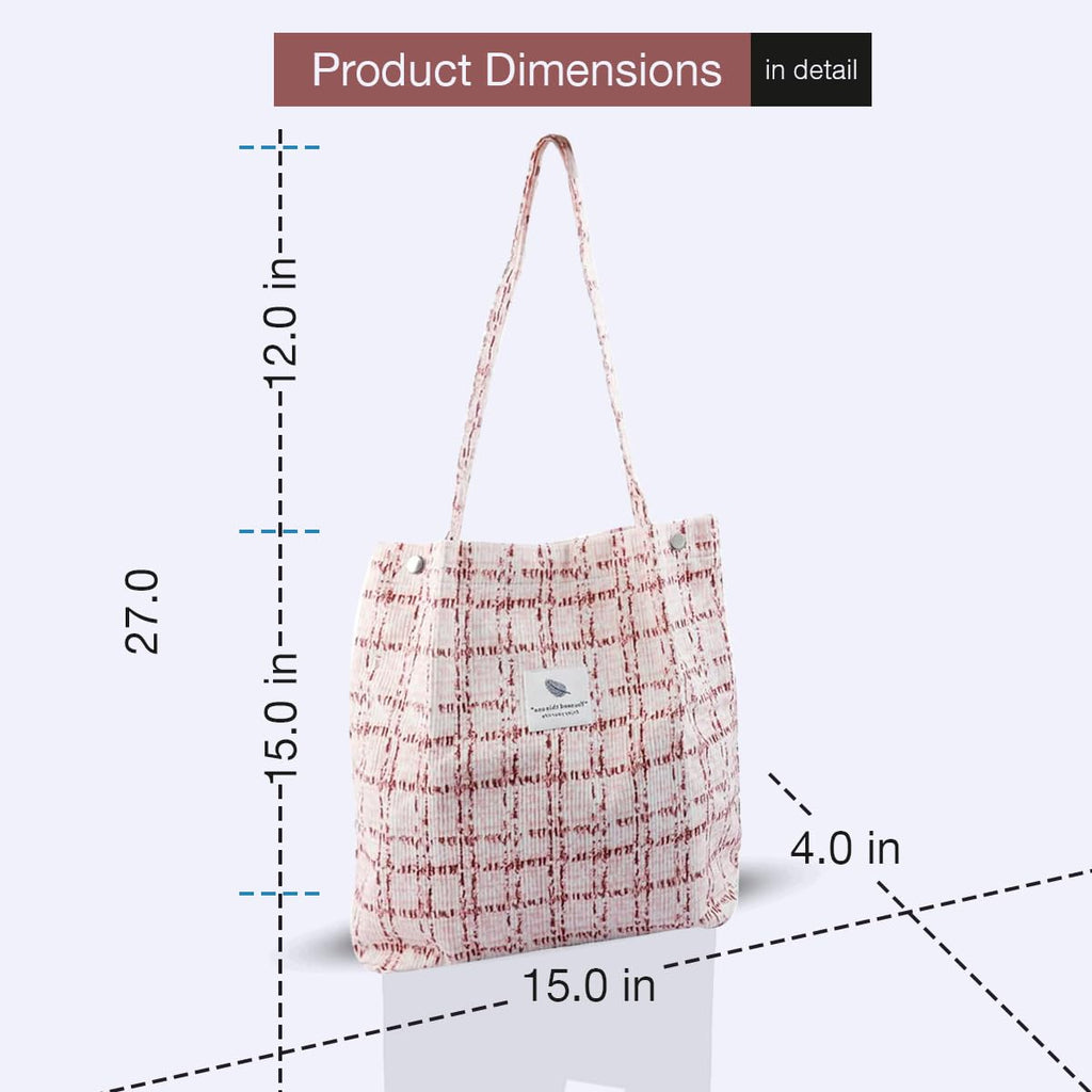 Lyrovo Women Corduroy Shoulder Tote Bag for Work Beach Travel and Shopping Grocery (Pink Checkered)