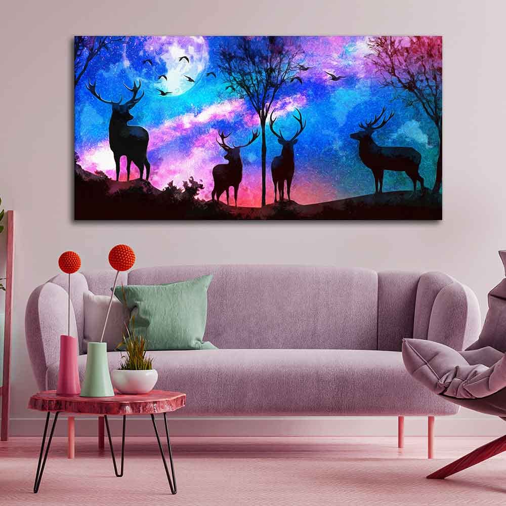 VIBECRAFTS Canvas Paintings for Living Room Drawing Deer Silhoutte Colorful Sky Wall Painting Fitted With Wooden Frame For Home | Office | Gifts (PTVCH_2542) (48 x 24 Inches)
