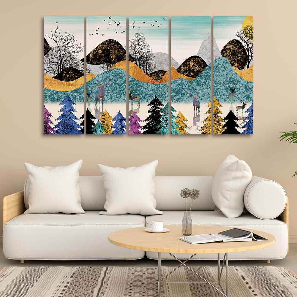 VIBECRAFTS Modern Art Forest Wall Painting Set of Five Pieces For Home|Office|Living Room|Gift (PTVC5Pcs4_8580)