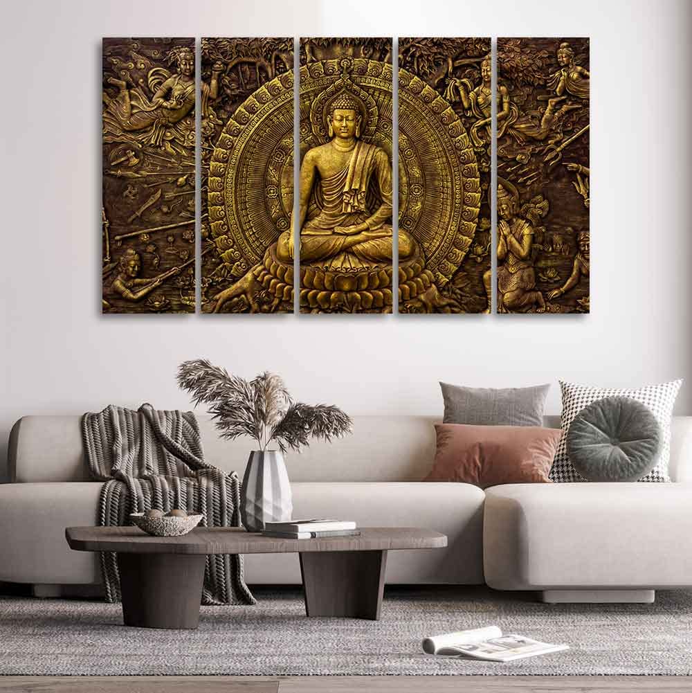 VIBECRAFTS Premium Canvas Wall Painting of Gautam Buddha of Five Pieces For Home|Office|Living Room|Gift (PTVC5Pcs4_8711)