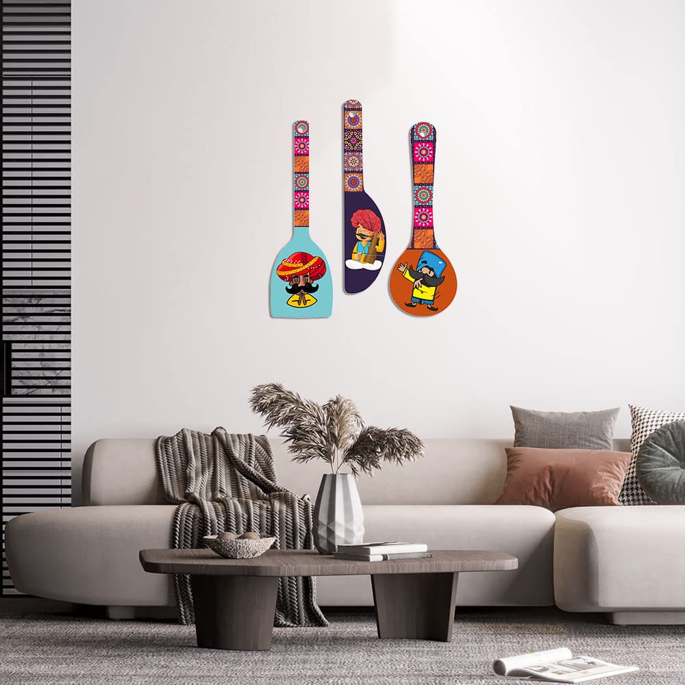 Artvibes Folk Musicians MDF Wooden Wall Art for Home Decor | Music Art for Decoration | Wall Poster | Rajasthani Culture Wall Art | Graphic Art | Unique Gift | Signs & Plaques(WH_5012N), Set of 3