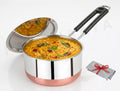 Padchaaya Steel Sauce Pan Induction & Gas Compatible Tea Pan with Heavy Lid Milk Boiler Tapeli Patila Cookware with Handle Durable and Easy to Clean with Dishwashing Rag (Free) (Copper-2 Liter)