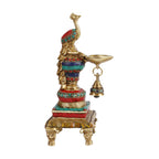 Artvarko Brass Multicolor Bird Peacock Hanging Chain Diya Oil Lamp Stand with Bell, 10 Inches