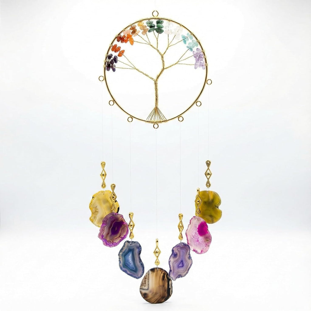 7 Chakra Crystal Stone Wind Chime – Tree of Life Decor with Natural Agate Slices, Healing Stones for Meditation & Protection, Feng Shui Hanging Ornament for Balcony, Bedroom, Office, & Gifts