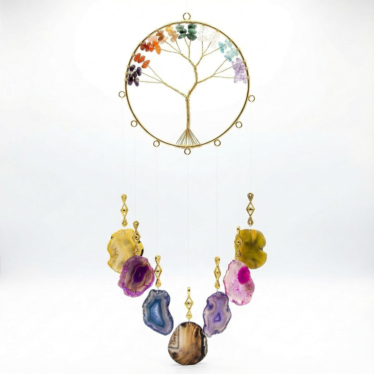 7 Chakra Crystal Stone Wind Chime – Tree of Life Decor with Natural Agate Slices, Healing Stones for Meditation & Protection, Feng Shui Hanging Ornament for Balcony, Bedroom, Office, & Gifts