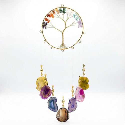 7 Chakra Crystal Stone Wind Chime – Tree of Life Decor with Natural Agate Slices, Healing Stones for Meditation & Protection, Feng Shui Hanging Ornament for Balcony, Bedroom, Office, & Gifts