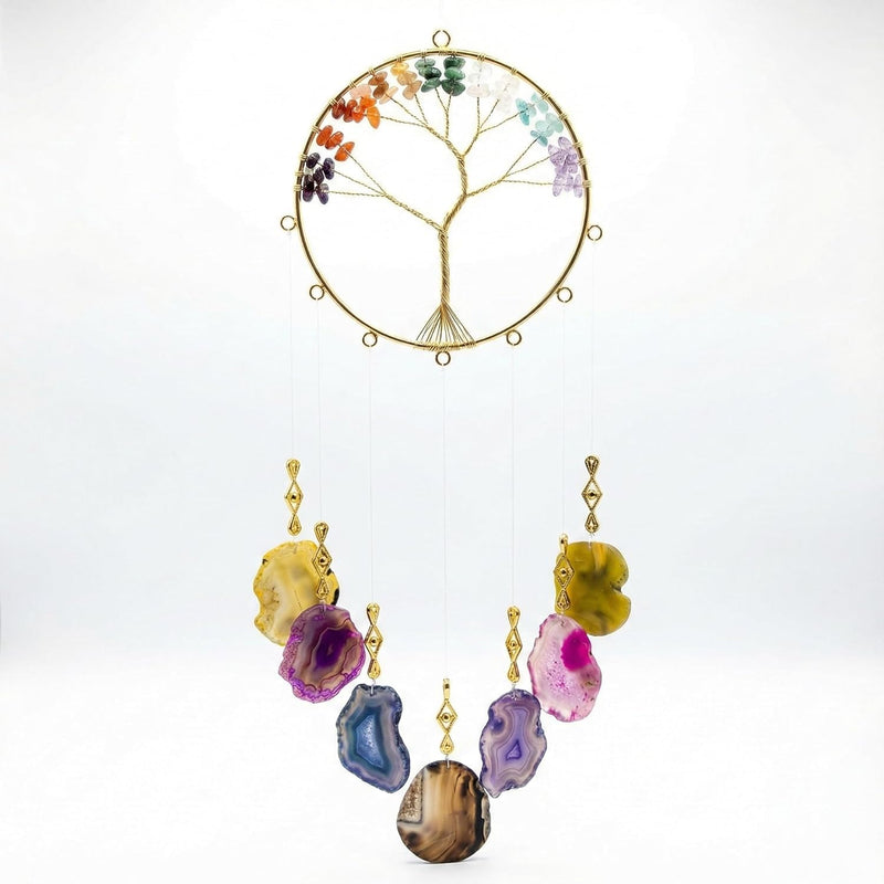 7 Chakra Crystal Stone Wind Chime – Tree of Life Decor with Natural Agate Slices, Healing Stones for Meditation & Protection, Feng Shui Hanging Ornament for Balcony, Bedroom, Office, & Gifts