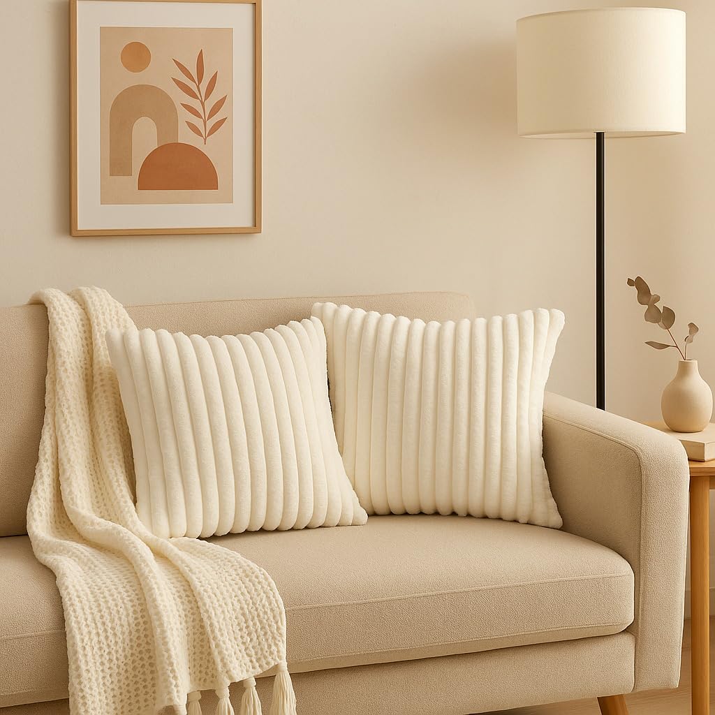 AWARD VELVETS Premium Faux Rabbit Fur Plush Luxury Soft Fluffy Striped Decorative Throw Pillow/Cushion Covers for Sofa, Couch, Living Room - (Off-White, 16 x 16 inch) Set of 2