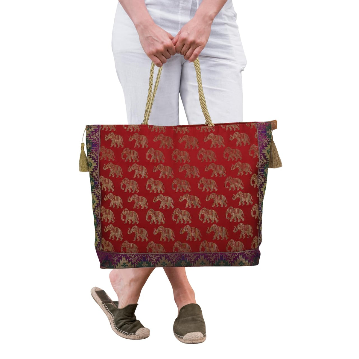 E - Ezra Designer Ethnic Handmade Brocade Silk Tote Bag For Women's Shoulder Bag Shopping Bag For Girls 16 Inch (Red)